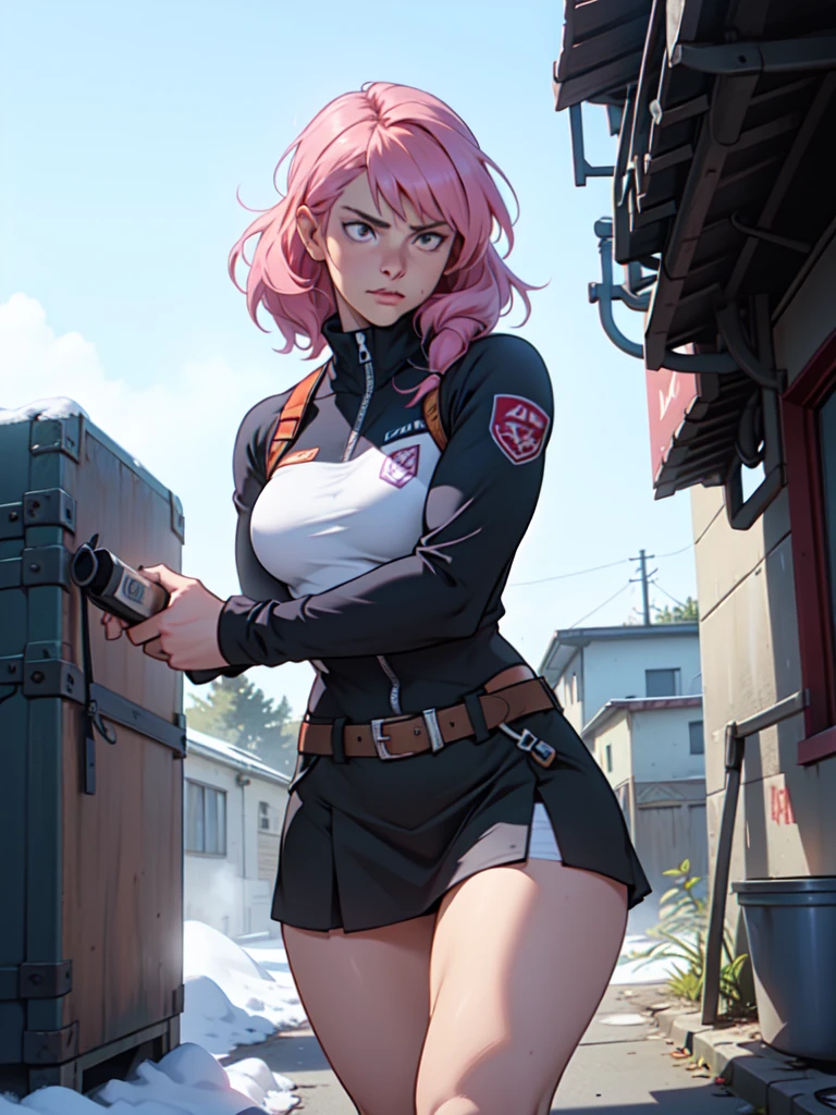 (best qualityer,4K,8k,high resolution,work of art:1.2),ultra detali,(realisitic,photorealisitic,photo-realisitic:1.37), 1 girl, Ice seasoning, pink hair, ready to fight, aiming a compound bow, purple and white mini skirt, intense expression, plain white background, cold environment, steam rising, dynamic movement, confident attitude, cold atmosphere, Beast in hand, Assassin outfit, 