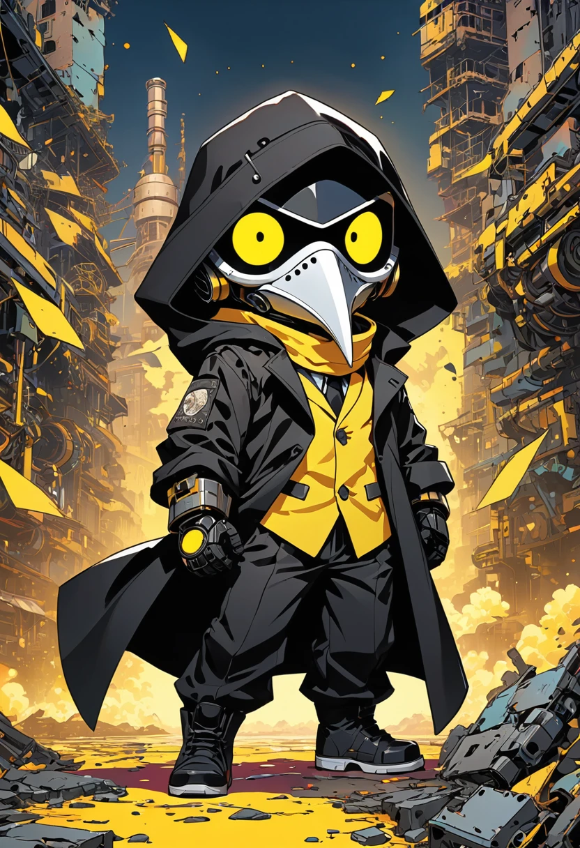 (masterpiece, best quality:1.1), (ultra highres, ultra-detailed:1.2),(doodle),pop-art,flatcolor,one chibi-boy,(male Mad-scientist,short hight),(wearing plague-doctor costume,white beak-mask),eyes glow yellow,black hood,black lab-coat, mecha arm, BREAK in mechanical ruins,absurdity, extraordinary,dynamic angle,,(dynamic boy pose),