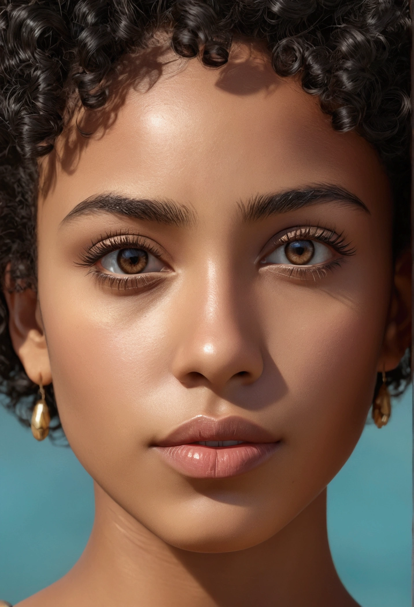 a beautiful young woman with african and indigenous facial features, slim figure, short curly black hair, detailed face, beautiful eyes, long eyelashes, detailed nose and lips, serene expression, natural skin tones, natural lighting,SEIOS A MOSTRA, high quality, photorealistic, cinematic, 8k, intricate details, masterpiece