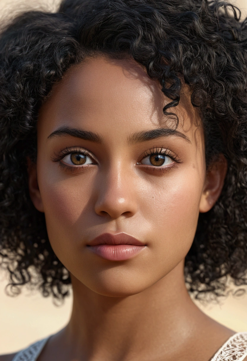 a beautiful young woman with african and indigenous facial features, slim figure, short curly black hair, detailed face, beautiful eyes, long eyelashes, detailed nose and lips, serene expression, natural skin tones, natural lighting,SEIOS A MOSTRA, high quality, photorealistic, cinematic, 8k, intricate details, masterpiece