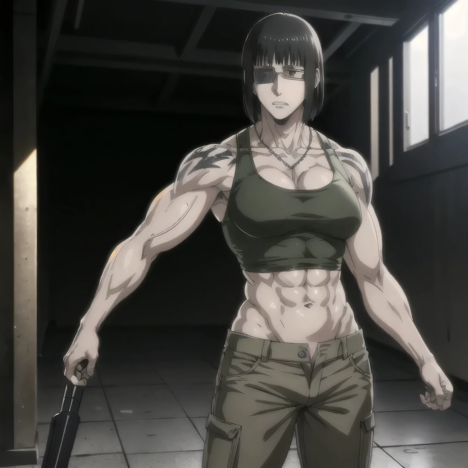 best quality,ultra-detailed,realistic:1.37),musclaur badass girl with sculpted body with preview her musclaur body and six-pack, full review of the female character's face and body, intense expression, strong and confident posture, studio lighting, vivid colors, physiologically-based rendering, grungy texture, rugged background, dust particles in the air, commanding presence, professional, powerful, gritty aesthetics,,Valmet،short hair,necklace,Light reflection on shoulders,clean muscles،wearing loose military trousers with sport tank top with military boot,tattoos on shoulders،muscles review(1girl solo),eyepatch,Shining muscles,eyes detailing,fat free body,veins in muscles,penis growth inside underwear,Photo session,in military base