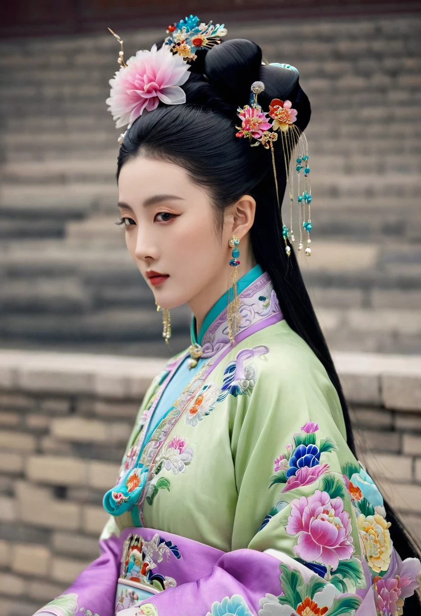 Chinese Qing Dynasty Empress Pregnant. Background is stone paving outside a room in a Chinese palace of the Qing Dynasty. Her hair is decorated with a large, flashy flower. After hair