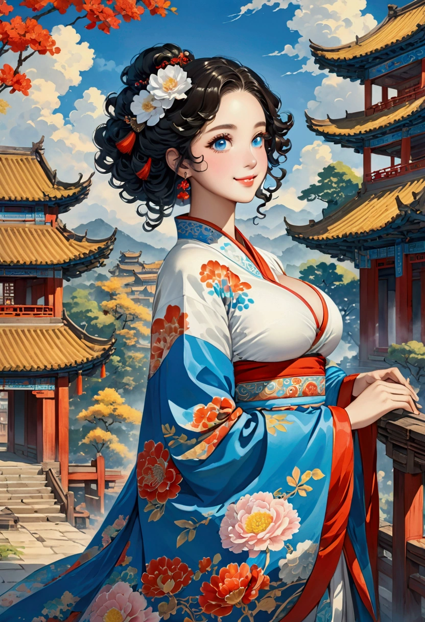 {{masterpiece, best quality, Extremely detailed CG, Unity 8K wallpaper, light}}, Traditional Chinese ink painting, A beautiful woman，With curly hair，Wearing colorful high fashion, whole body, Ancient buildings, Blue sky, sunny, Wooden construction, Prominent protagonist, Smile, big eyes, Beautiful and delicate eyes, (Large Breasts, cleveage), Round butt, Looking at the audience, Long eyelashes,