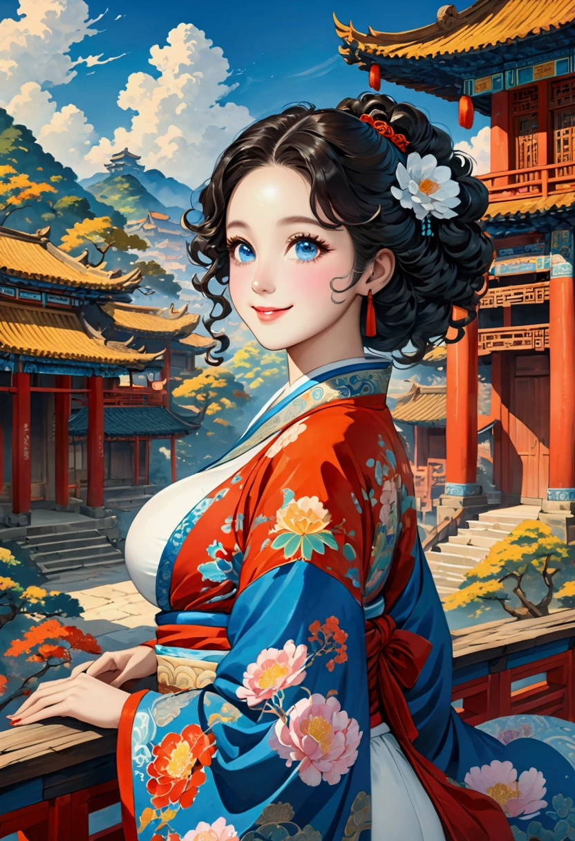 {{masterpiece, best quality, Extremely detailed CG, Unity 8K wallpaper, light}}, Traditional Chinese ink painting, A beautiful woman,With curly hair,Wearing colorful high fashion, whole body, Ancient buildings, Blue sky, sunny, Wooden construction, Prominent protagonist, Smile, big eyes, Beautiful and delicate eyes, (Large Breasts, cleveage), Round butt, Looking at the audience, Long eyelashes,