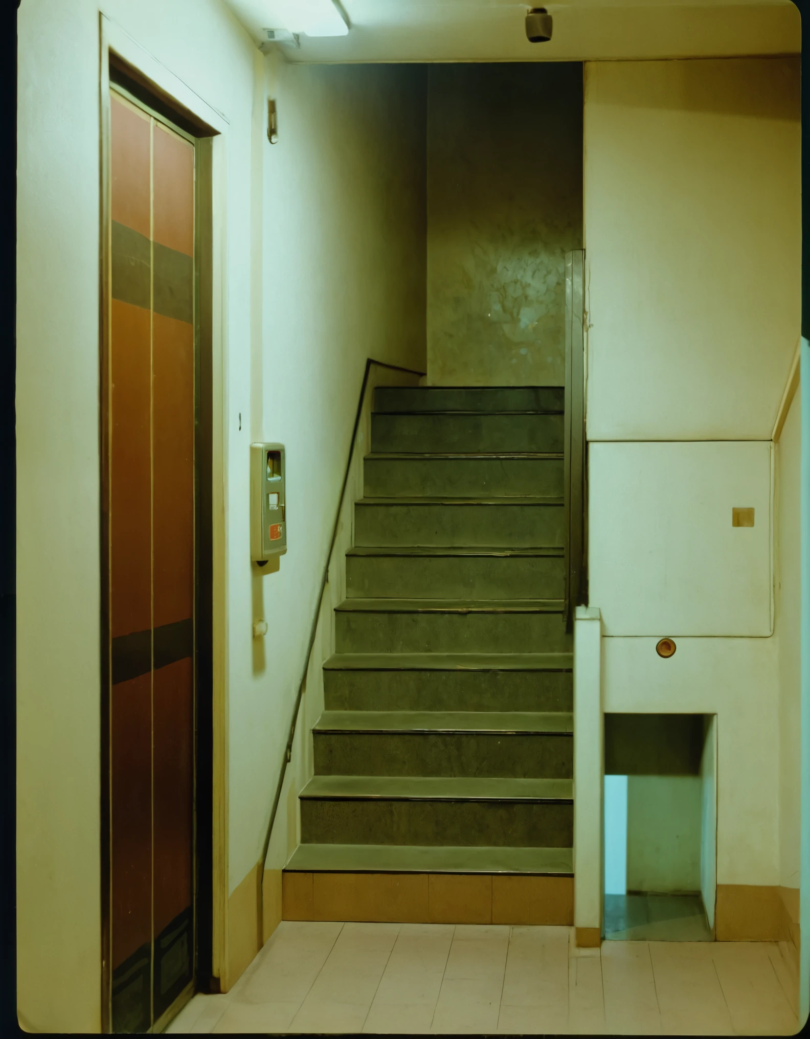 昏暗的stairs、elevator,stairs,Door in the distance,Wall,indoor,space,China 80s,Old,Retro,