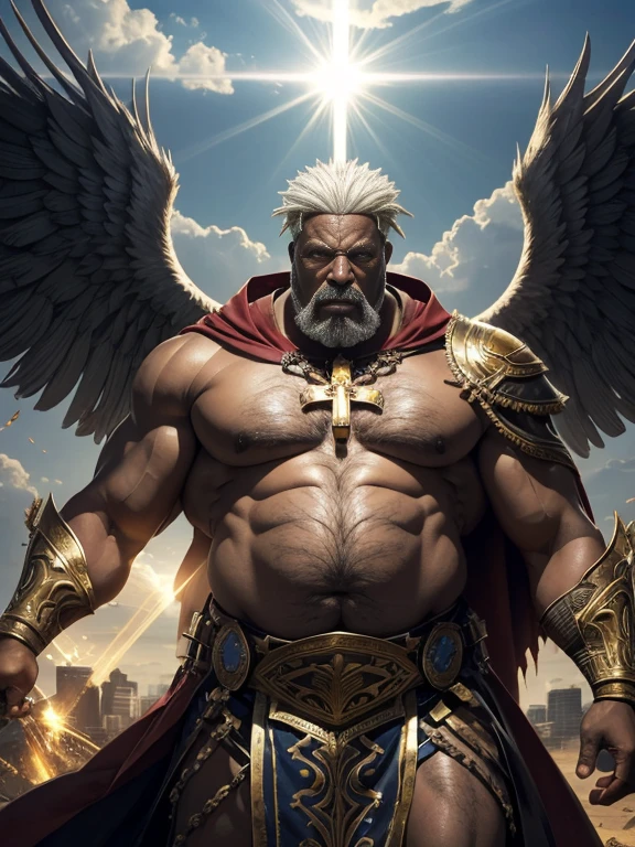 Hyperrealistic image of an angry old African man with branches of thorns stuck in his body and bleeding over 80 years old gray haired African warrior holy martyr archangel superhero with rays of light coming out of his body and with two huge black wings spread out with gray hair and a halo of light with rays of light on his super heavy head and a very fat and very handsome bodybuilder with huge, flabby pectorals and large, pointed  very sweaty in a sky of very white clouds dressed only in a leather and gold Roman skirt and a cape and a large gold and jeweled cross on her . 