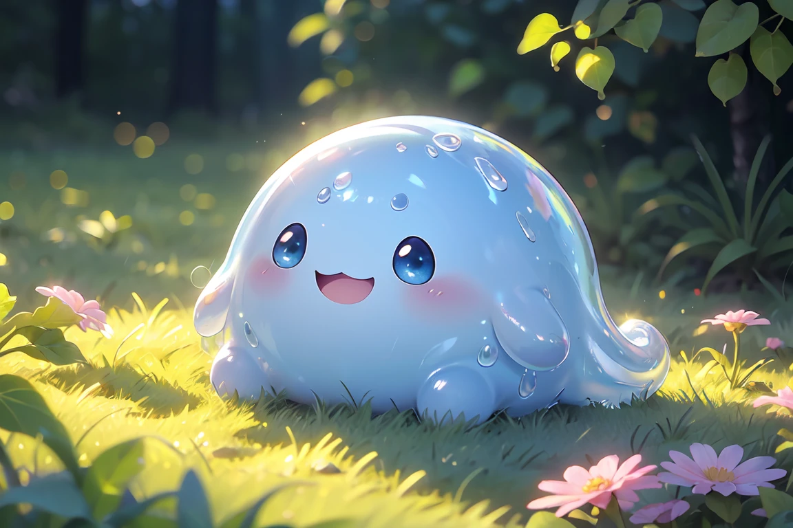 (Slime), lovely, カラフルなSlime, Big eyes, Flower Field, blue sky, sunlight