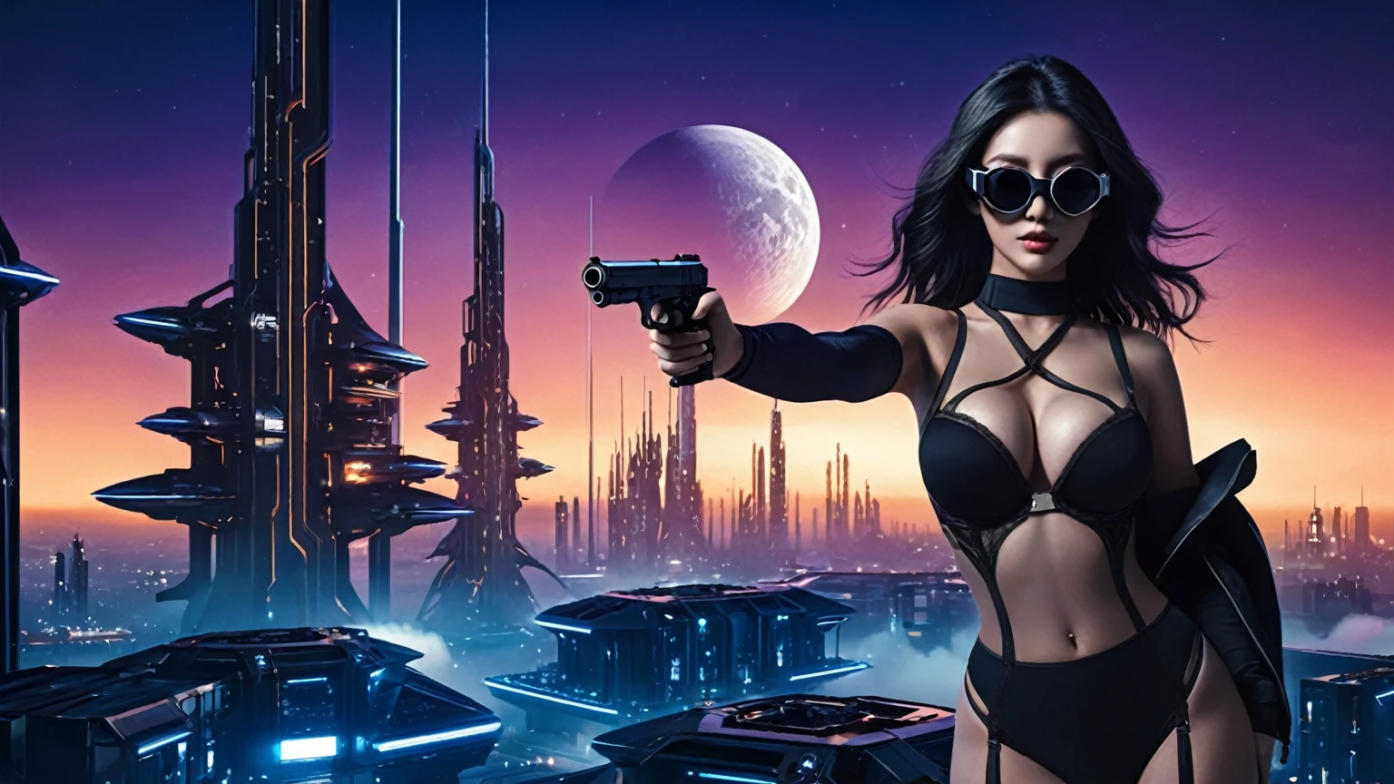 at night, ((a large-breast:1.2 lingerie slim:0.6 GIRL with black mini VR sunglasses)), ((holding a pistol)), aerial view of an ultra-futuristic megalopolis, tall metal buildings in dark colors from dark blue to black, shades of metal gray, smoky metal structures, industrial environment with fog around, dark cars on the streets, (flying vehicle), modern metal rails and trains passing through, ((futuristic space station)), realistic, detailed, sci-fi.