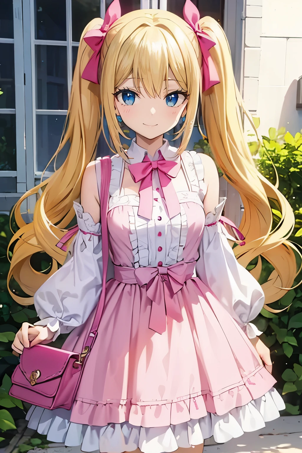 Safe for work, masterpiece, best quality, solo, 1 girl,  cute girl, wholesome girl, (young female body:1.4), ( medium small breasts), cowboy shot, shy smile, flustered, yellow hair, thick wavy hair, hime cut, very blunt bangs, light blue eyes, detailed eyes, outside, ****ta fashion, pink ****ta dress, pigtails, cozy background, pink frilly handbag