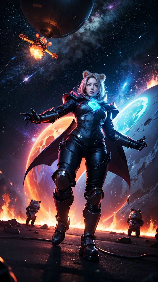 Super Galaxy Annie from League of Legends by Riot Games: Annie in her Super Galaxy skin, massive k-cups,dressed in a futuristic, space-themed outfit with neon colors and high-tech accessories, launching cosmic fire attacks, with Tibbers looking like a giant robotic bear from outer space.