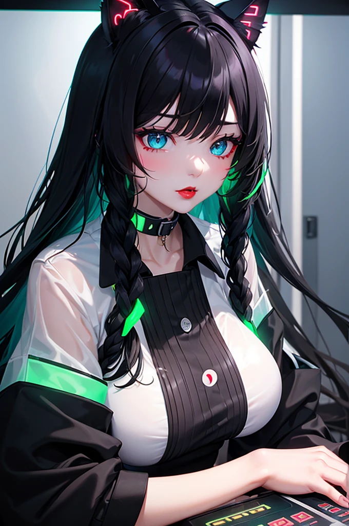 Detailed facial details，girl,Red lips，Cat ear，Black long hair，Large Breasts，Collar，Radiant Skin，在俱乐部做 DJ 的girl，Cyberpunk, White green blue gradient braided long hair flashing lights, Neon holographic transparent office sitting next to DJ equipment，Glass