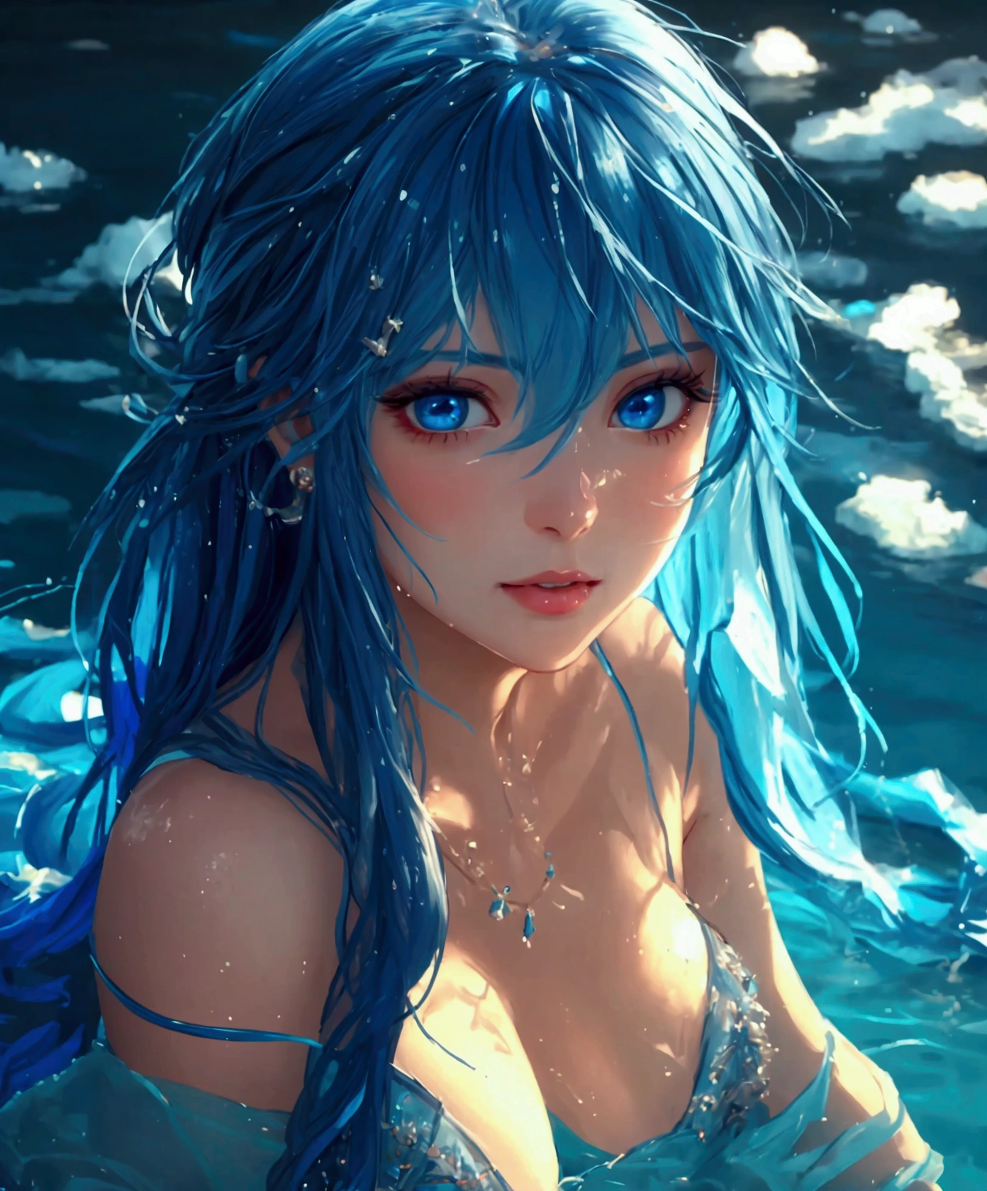 ((highest quality)), ((masterpiece)), (Get used to it), Perfect Face , Adult female , Ariel ,  Long and beautiful blue hair , Beautiful blue eyes , in the beautiful sea ,