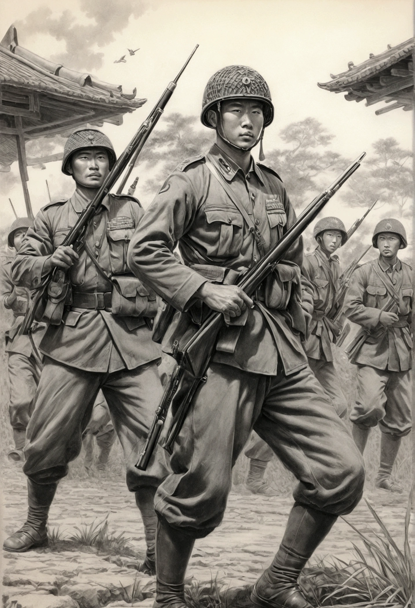 Highest quality, Pencil drawing, detailed touch, Greater East Asia War, by the Japanese Army, Ryohei Koiso