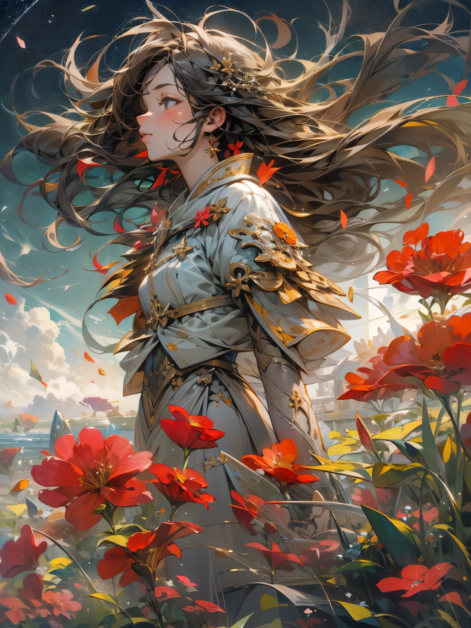 ((Highest quality)),(Ultra-high resolution),(Super detailed),(Detailed Description),((The best CG)),(masterpiece),Highly detailed art,(Art with precise detail:1.5), (woman:1.6),(traveller:1.4), A land of blooming red flowers:1.3, The wind blowing through:1.3, Looking up at the starry sky:1.3,