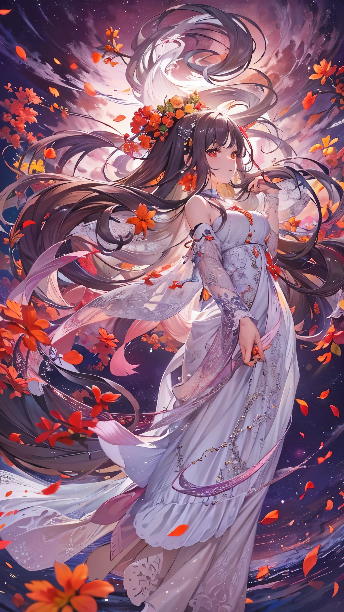 ((Highest quality)),(Ultra-high resolution),(Super detailed),(Detailed Description),((The best CG)),(masterpiece),Highly detailed art,(Art with precise detail:1.5), (woman:1.6),(traveller:1.4), A land of blooming red flowers:1.3, The wind blowing through:1.3, Looking up at the starry sky:1.3,