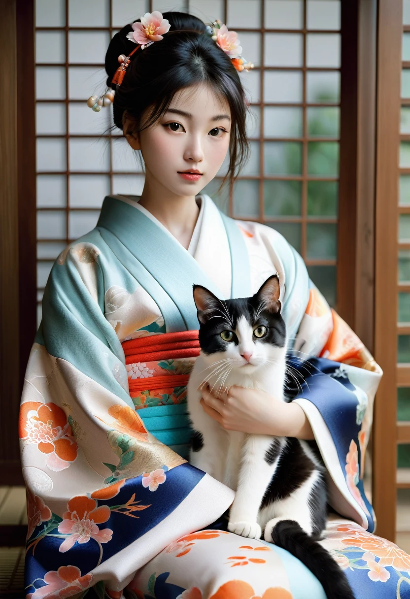 Girl with cat, kimono, Highest quality, masterpiece, so beautiful, Perfect composition, Intricate details, Very detailed