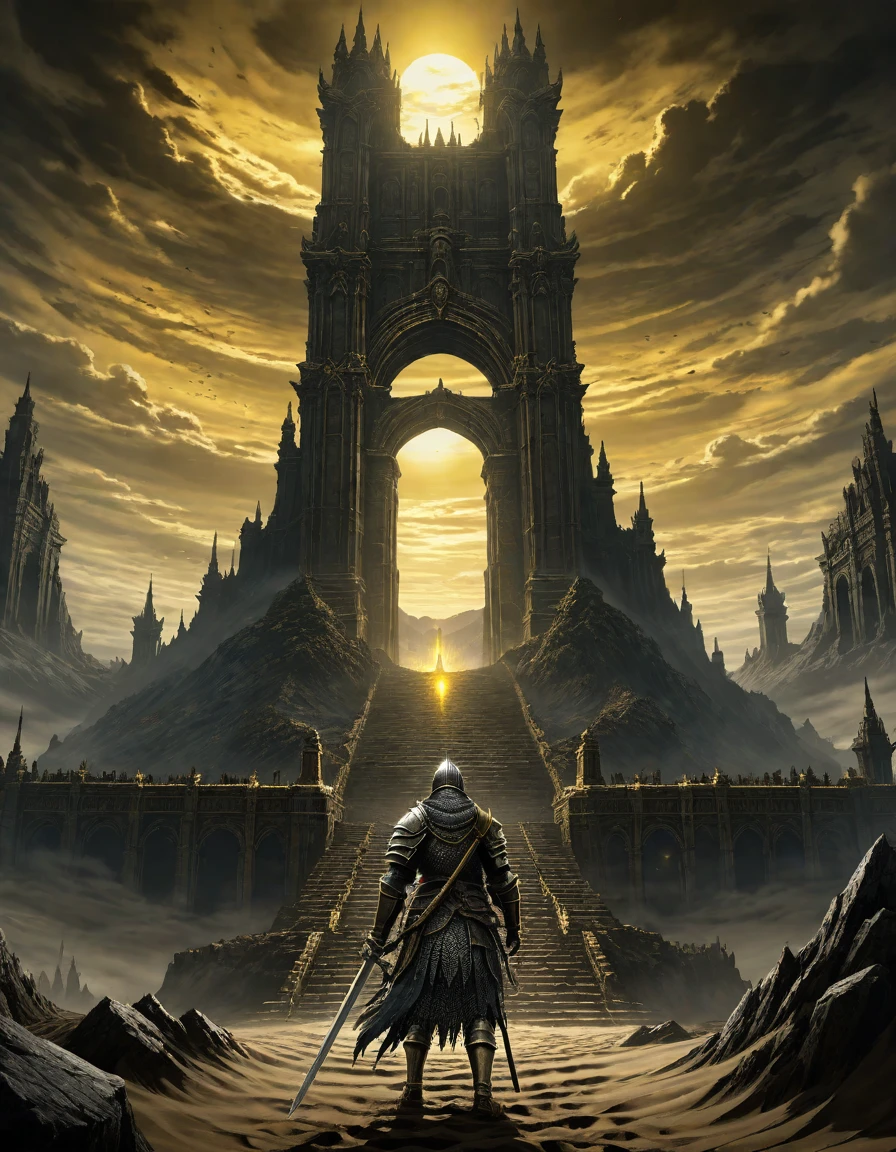 anime aestetics, anime scenery, grand finale, gigantic mountain of sand with passage in the center, godly gates, giganticstucture, portal to the world of gods, black and yellow skies, moment after the final battle, elden ring, elden ring scenery, elden ring style, fromsoftware, dark soul concept, from software game, dark souls art style dark souls art, dark souls style, dark souls screenshot, dark souls, from below, wide shot, perspective, atmospheric perspective, 4K, 8k, highres, best quality, super detail, award winning, masterpiece, UHD