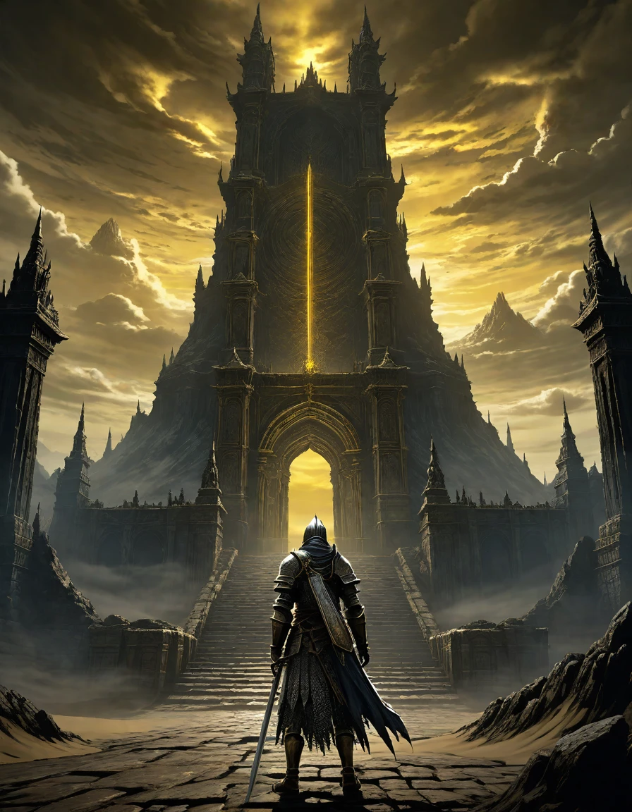 anime aestetics, anime scenery, grand finale, gigantic mountain of sand with passage in the center, godly gates, giganticstucture, portal to the world of gods, black and yellow skies, moment after the final battle, elden ring, elden ring scenery, elden ring style, fromsoftware, dark soul concept, from software game, dark souls art style dark souls art, dark souls style, dark souls screenshot, dark souls, from below, wide shot, perspective, atmospheric perspective, 4K, 8k, highres, best quality, super detail, award winning, masterpiece, UHD