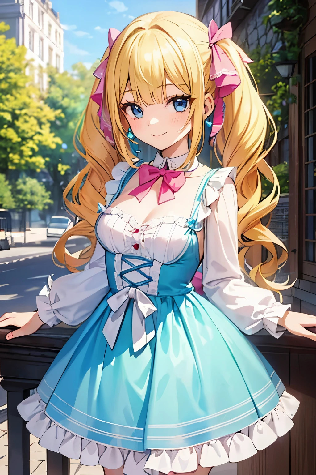 Safe for work, masterpiece, best quality, solo, 1 girl,  cute girl, wholesome girl, (young female body:1.4), ( medium small breasts), cowboy shot, shy smile, flustered, yellow hair, thick wavy hair, hime cut, very blunt bangs, light blue eyes, detailed eyes, outside, ****ta fashion, pink ****ta dress, pigtails, cozy background