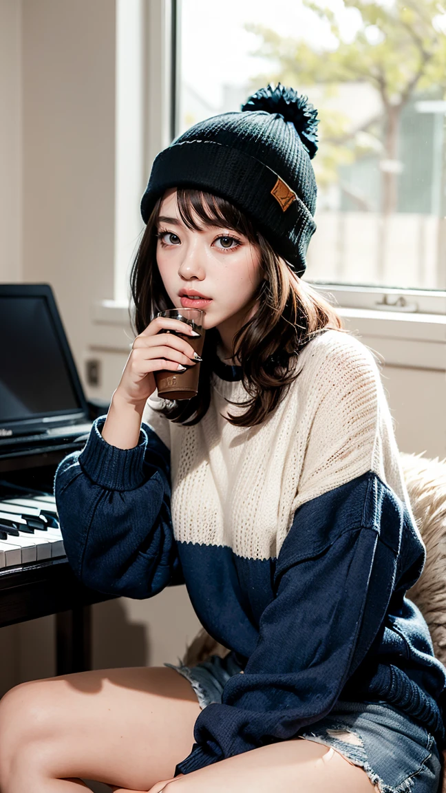 K/DA Indie Seraphine from League of Legends by Riot Games: Seraphine in her K/DA Indie skin, massive k-cups,wearing a more casual and indie-inspired outfit with a cozy sweater and beanie, sitting in her bedroom surrounded by musical instruments, writing songs and practicing her vocals.