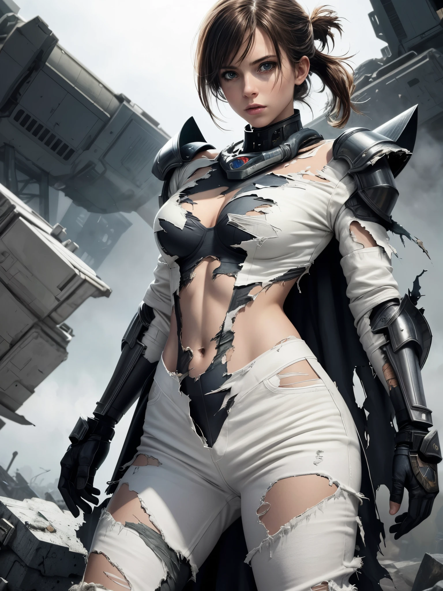 1girl, breasts, skin tight battle suit armor, futuristic, sci-fi, magitech, dynamic stance, dusty landscape, best image quality, masterpiece, super high resolution, (fidelity:1.4), photo, white outfit, (torn outfit:1.3), despair, cinematic,