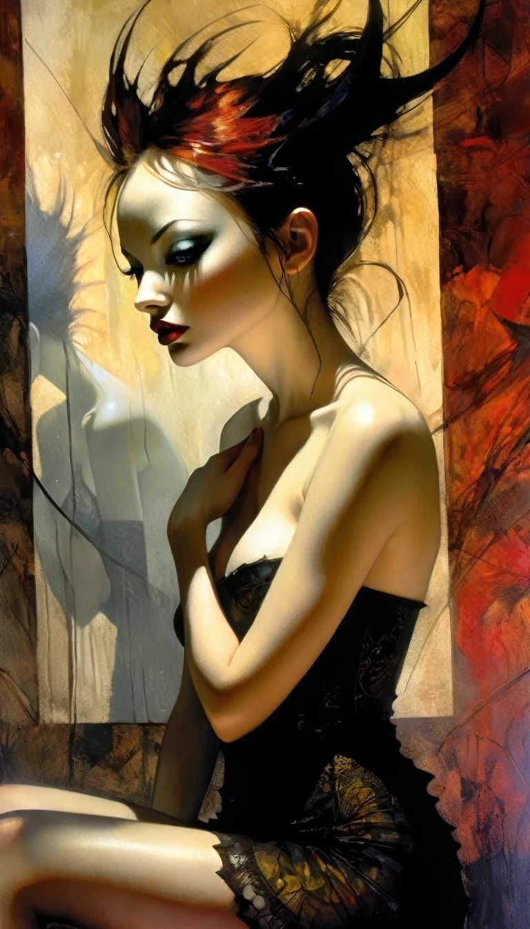 Create an evocative oil painting inspired by Malcolm Liepke, BDSM、(((black leather corset dress:1.4)))、(((The corset dress is decorated with beautiful lace.))), leopard print bikini, ((/microbikini/)), bare midriff, medium perfectly round breasts, cleavage, body, golden hour lighting, focus between legs,. Capture the intense, introspective expression of the young subject using thick, expressive brushstrokes and a muted color palette. Highlight the emotional depth and vulnerability in the subject's gaze, emphasizing the play of light and shadow on their face. Maintain a simple, textured background that complements the subject's contemplative presence. Focus on the tactile quality of the oil paint to convey the raw emotion and intimacy characteristic of Liepke's style.