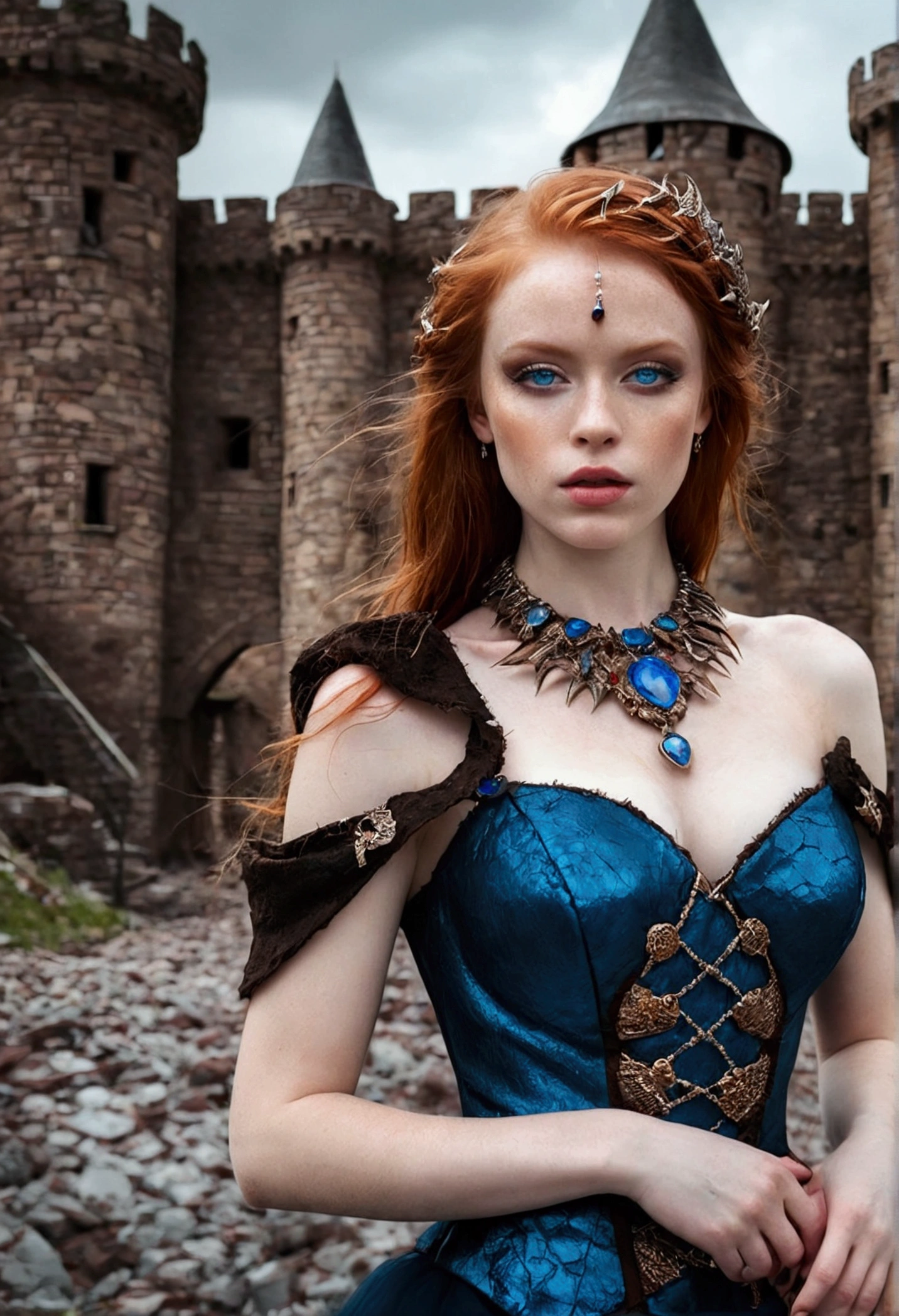 beautiful redhead sensual girl blue eyes colored stones on the neck precious dragons on the shoulder broken heart beautiful makeup chocolate shades full height castle background professional photography RAW R3D
