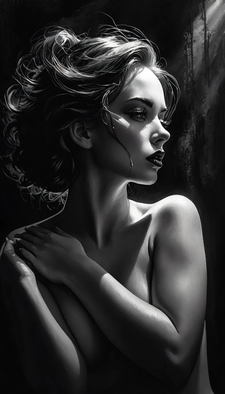 eroticism, sexy, black and white image, between shadows, oil painting, chiaroscuro, sensual, dramatic lighting, moody atmosphere, photorealistic, intricate details, masterpiece, ultra-detailed, high quality, 8k, best quality, realistic, cinematic, dark and brooding, expressionistic, powerful composition, emotional impact, Bill Sienkiewicz inspired art,(best quality,4k,8k,highres,masterpiece:1.2),ultra-detailed,(realistic,photorealistic,photo-realistic:1.37),intricate details,vivid colors,sharp focus,professional,Dave McKean artwork, oil touch of surrealism,oil painting style,portrait,woman,beautiful detailed eyes,beautiful detailed lips,dreamlike atmosphere,shadow play,soft lighting,playful pose,minimalist room,dark hues,ethereal background,fantasy elements,texture,layered composition.