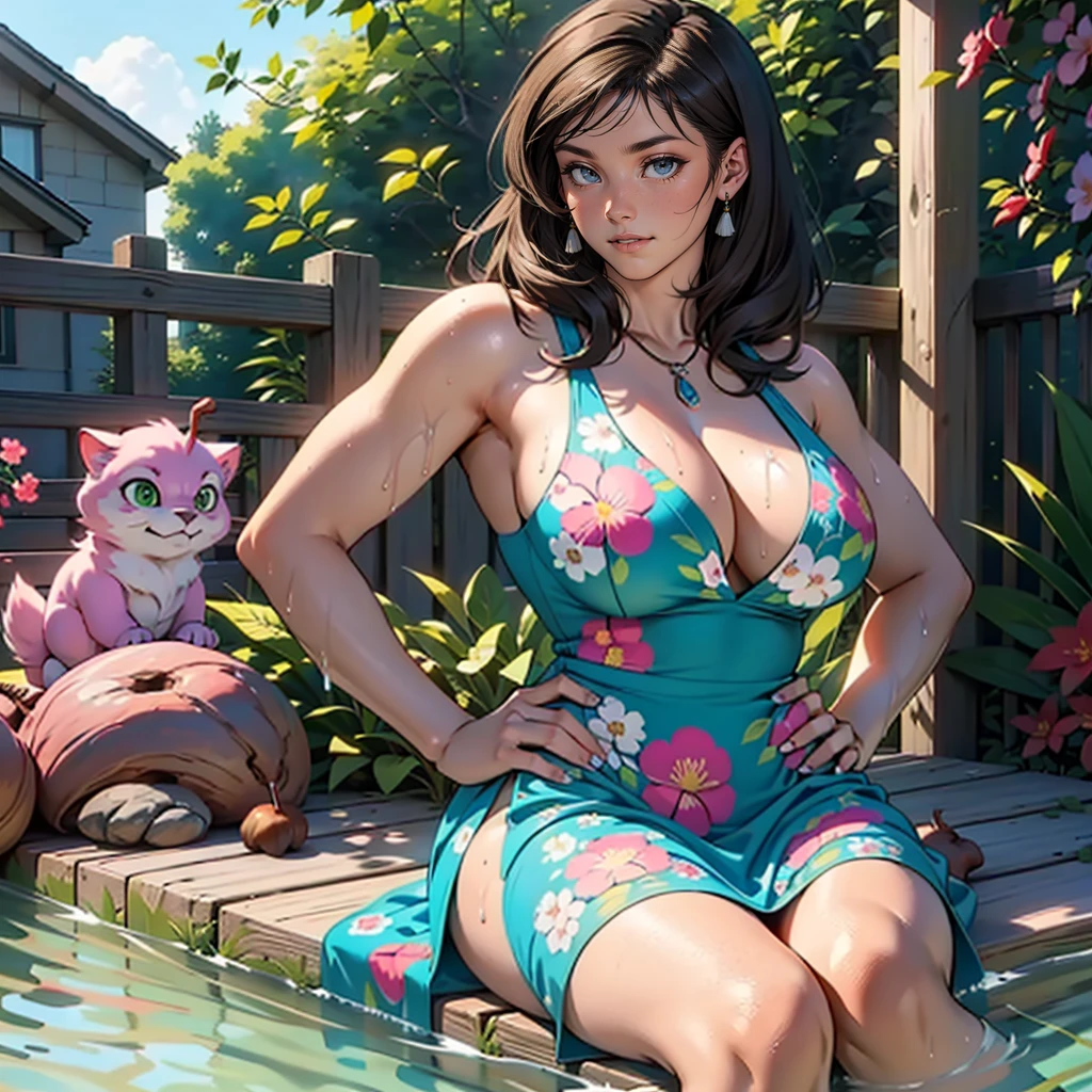 work of art, best qualityer, (((Solo mature woman look like Lucy Pinder))), (((chestnut hair))), hypdertailed, large breasted, (((Broad Hips))), (((green eyes water))), fleshy lips, seducing smile, neckleace, (Sitting in bed), Room,  sunset, blushful, (((wearing blue summer dress with pink floral pattern))), [Janet], [Alice], "beautiful mature face" , 30years , milf , grown-up