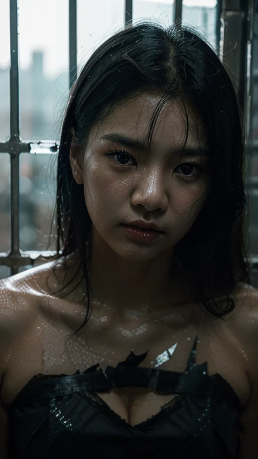 A photo that captures a dramatic and haunting scene of a korean woman's bare face, a hint of sweat visible on her skin, natural lips color, with blue eyes color, unkempt black hair visible through shattered glass, the glass grating into irregular shapes, with the light reflecting off the jagged edges, the woman's expression it's charming and intense, with her eyes staring into the distance, the background dark and slightly blurred, emphasizing the shattered glass and the woman's features.
Fog and water drops visible in the glass, mysterious atmosphere, chiarosuro, octane rendering