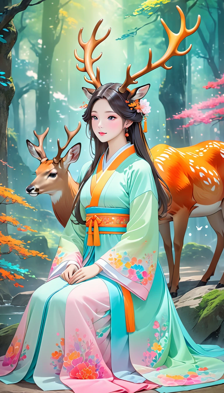 Surreal photos，Seven-Colored Deer Guardian，High-resolution photos，Huge and beautiful seven-colored deer，A peaceful and dreamy scene，A woman in Hanfu sits next to a giant seven-colored deer，The woman is very sexy，Detailed facial details，The background is a magical forest full of spirituality，Create a soft and ethereal atmosphere。The overall composition is beautiful
