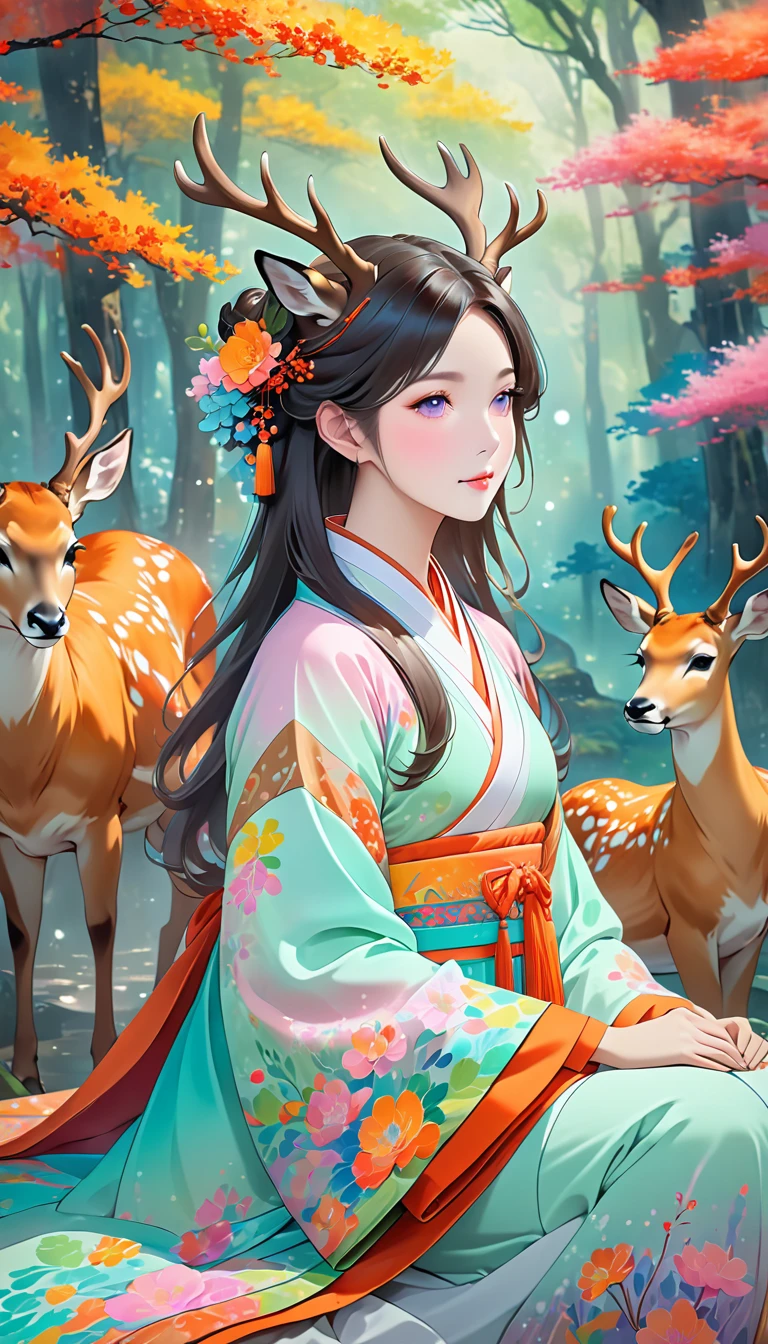 Surreal photos,Seven-Colored Deer Guardian,High-resolution photos,Huge and beautiful seven-colored deer,A peaceful and dreamy scene,A woman in Hanfu sits next to a giant seven-colored deer,The woman is very sexy,Detailed facial details,The background is a magical forest full of spirituality,Create a soft and ethereal atmosphere。The overall composition is beautiful