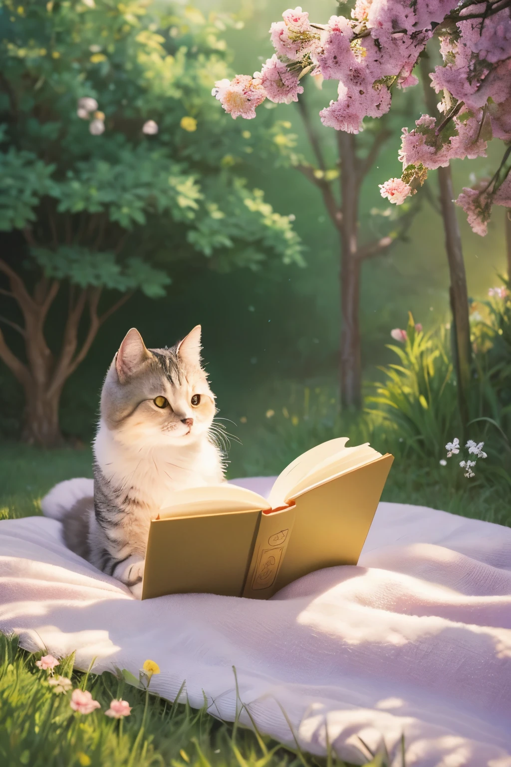 (Highest quality images, masterpiece), Detailed landscape, Cute as a cocoon、Friendly impression,Illustration of a fluffy cat reading a book