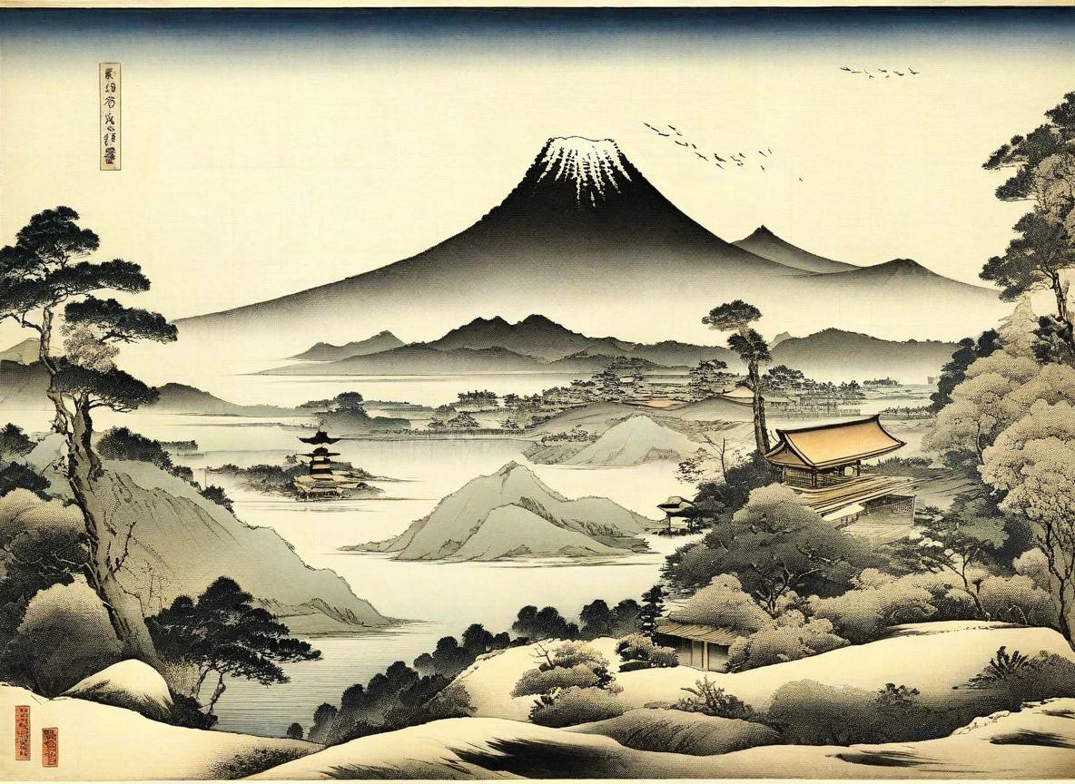 Japanese painting, landscape, East Asian architecture