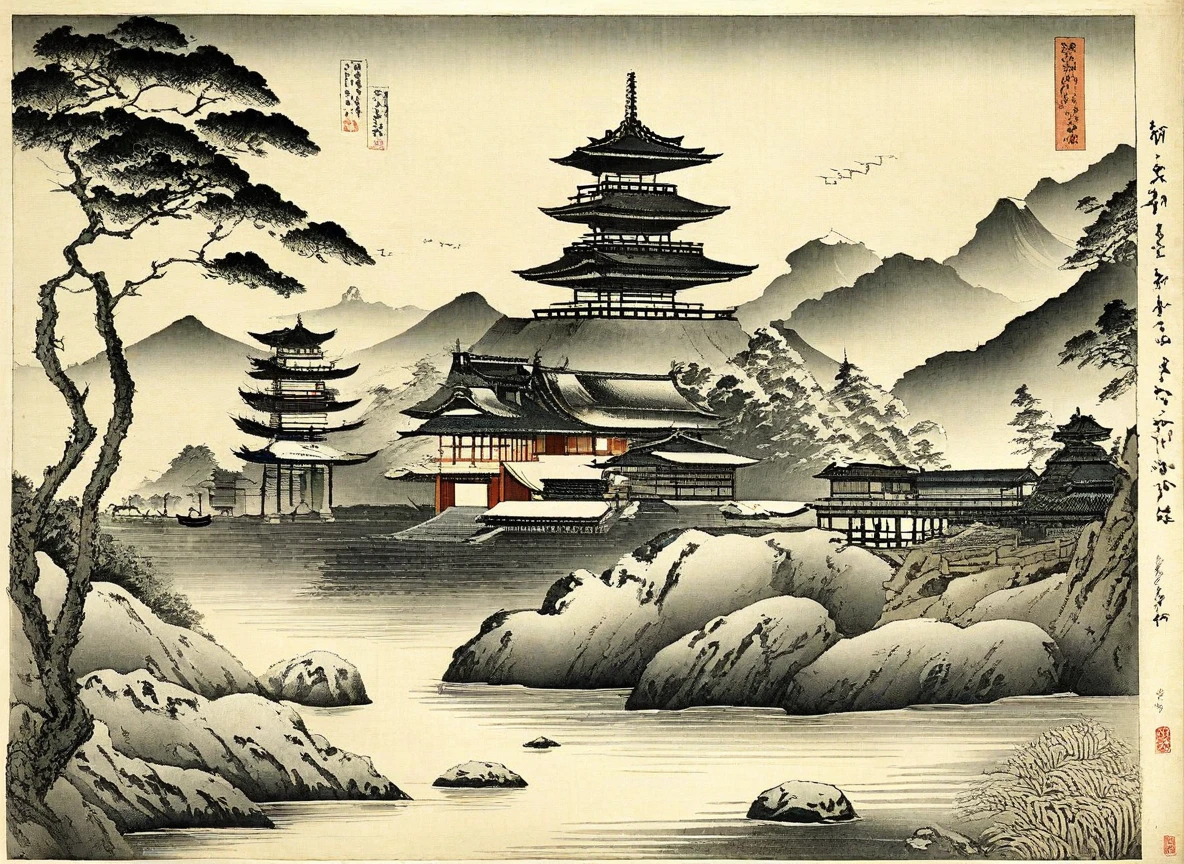 Japanese painting, landscape, East Asian architecture