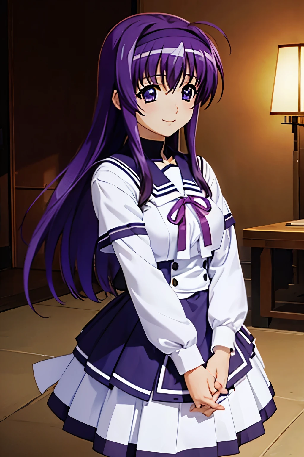 Suzuka Tsukimura、suzuka、"Magical Girl Lyrical Nanoha"、Purple Hair、long hair、hair band、Big Breasts、high school girl、Night Clan、uniform、A kind smile、Hands clasped behind back（（（ＳＦＷ、sound、Highest quality、first-clasasterpiece、Normal body、8k、Detailed face、Ultra-precision、Normal hand、Normal finger、５Finger、Highest）））