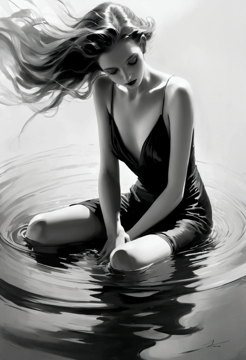 Lillian Bassman Style, absurd, high resolution, Extremely detailed, (1 Girl:1.3), Hand Painted, Simple lines, sitting in water, Floating clothes, Flowing hair