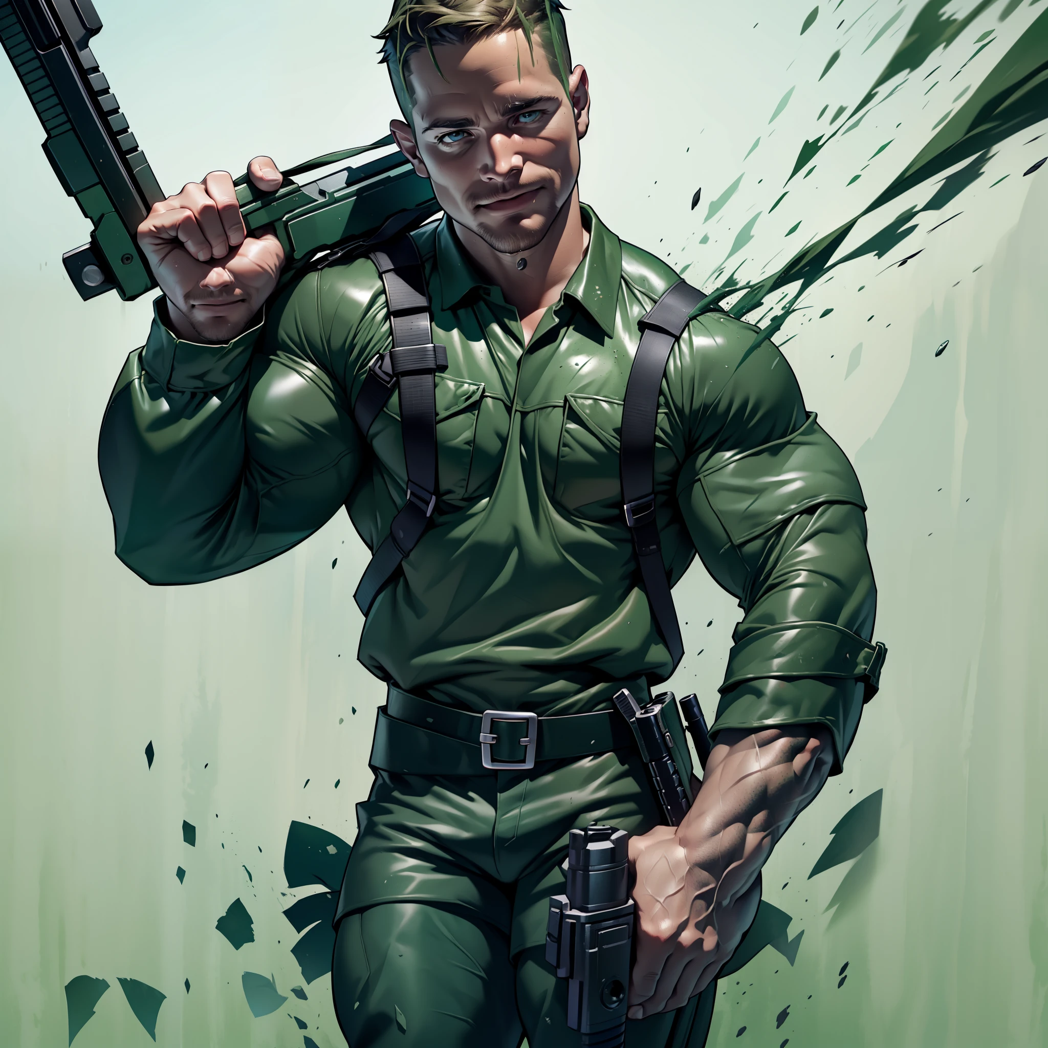 1 man, male focus solo, mature 40 yo man,(((Stephen AMELL))) as private army soldier, lean muscle,dark green shirt, camouflage pants ,green belt , dark green boots ,( big bulge), full body shot, dark blond short hair, well groomed facial hair, smiling ,looking at the viewer, proud, holding a gun with one hand, , ultra high quality, masterpiece, (clear intense splashed dark green and white paint in the blackground)