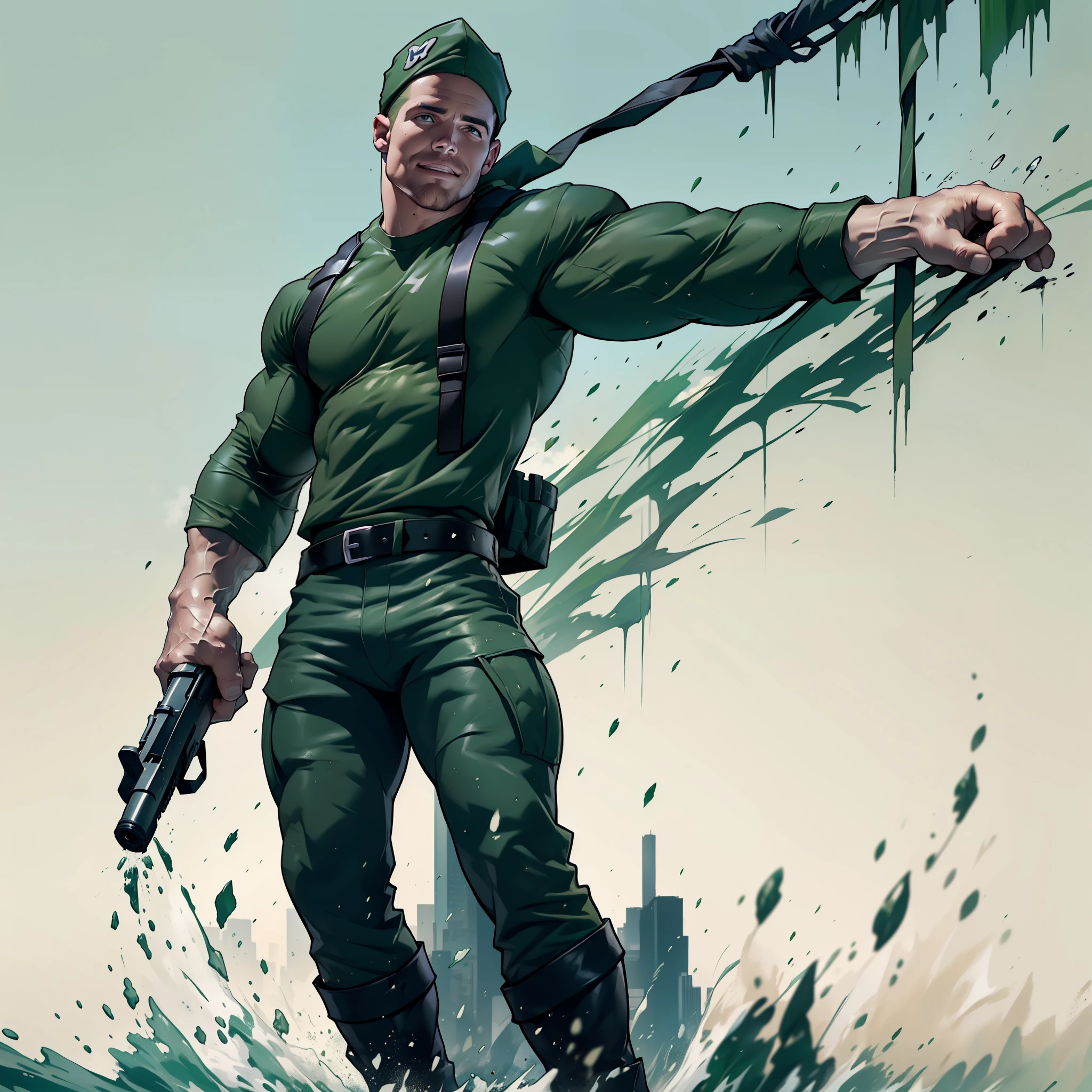 a man in a body of water surrounded by red and green water and a lot of other people in the background, Bill Sienkiewicz, comic cover art, poster art, neoplasticism, <lora:DigitalFantasy-000008:.8>