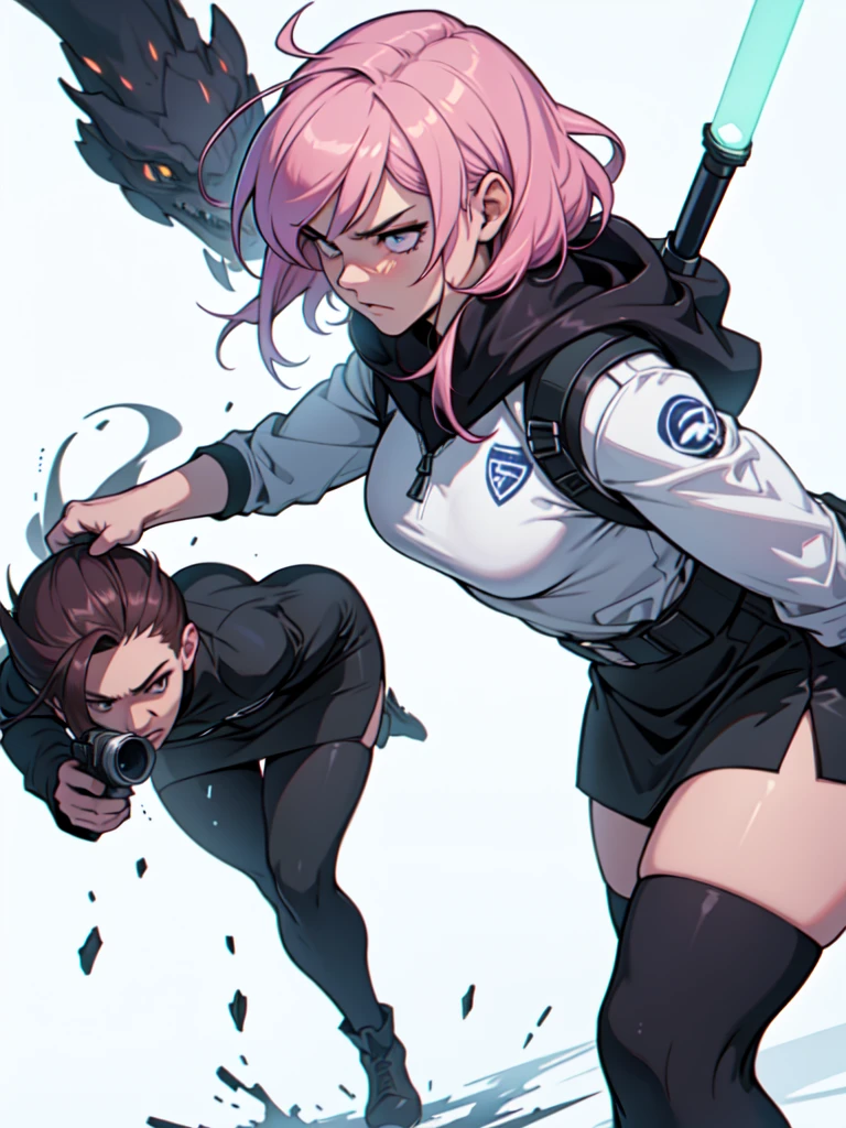 (best qualityer,4K,8k,high resolution,work of art:1.2),ultra detali,(realisitic,photorealisitic,photo-realisitic:1.37), 1 girl, Ice seasoning, pink hair, ready to fight, aiming a Chinese saber, purple and white mini skirt, intense expression, plain white background, cold environment, steam rising, dynamic movement, confident attitude, cold atmosphere, Beast in hand, Assassin outfit,
