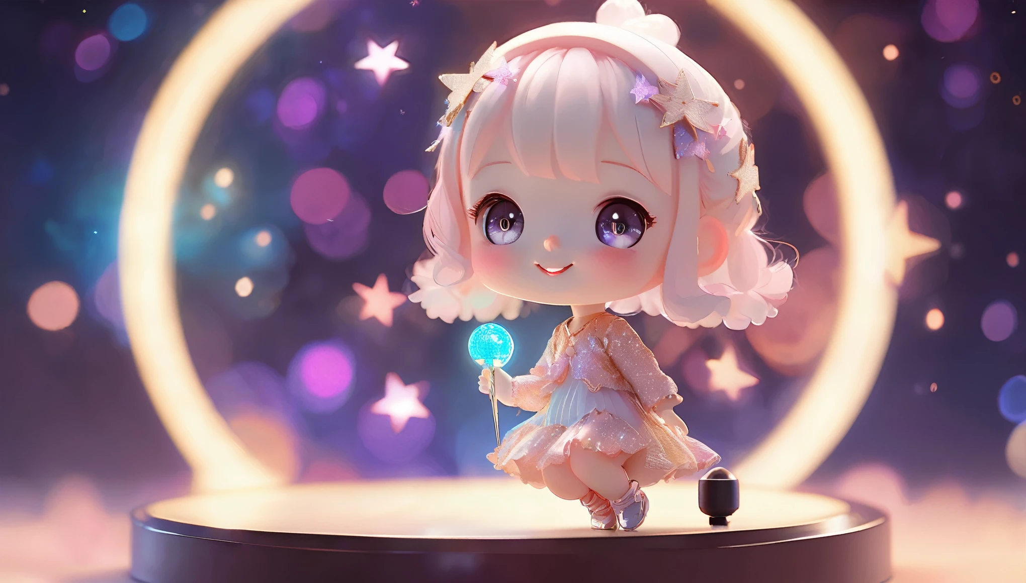 (Fractal Art:1.1)、(Dynamic Pose)、(Abstract Background:1.3)、Place a small doll on a circular stand、Cute pose、smile、Chibi Doll、Stars in the eyes(Sparkling)、Singing with microphone in hand、Raise your eyes、smile、Cute Shoes、Ultra Detail、Radiant Light、Bioluminescence、Strong bokeh、Shooting from the side