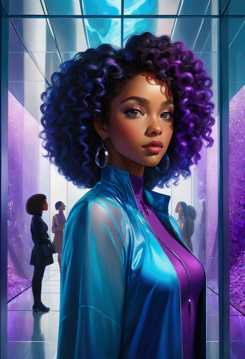 A wide-angle photo，A beautiful black woman，With curly hair，Wearing colorful high fashion，Standing in a transparent glass museum，The museum is filled with blue and purple puzzles，The colors of the whole scene are blue and purple，Hyper-realistic images，32K，Ultra HD，illumination