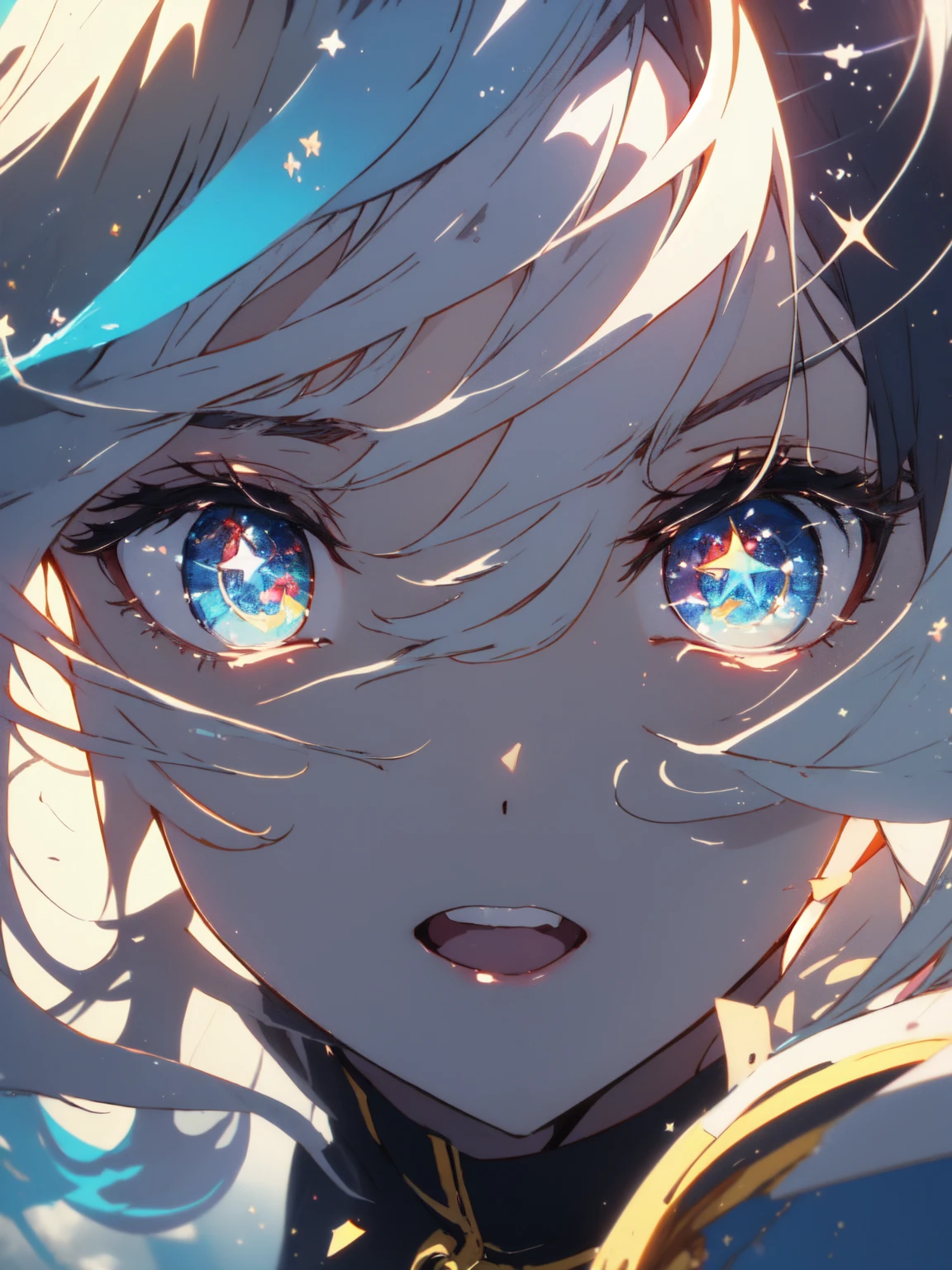 ((highest quality、masterpiece、be familiar with、High quality))、(Shining eyes)、cute anime girl, face close up、beautiful anime art  、perch、star-studded