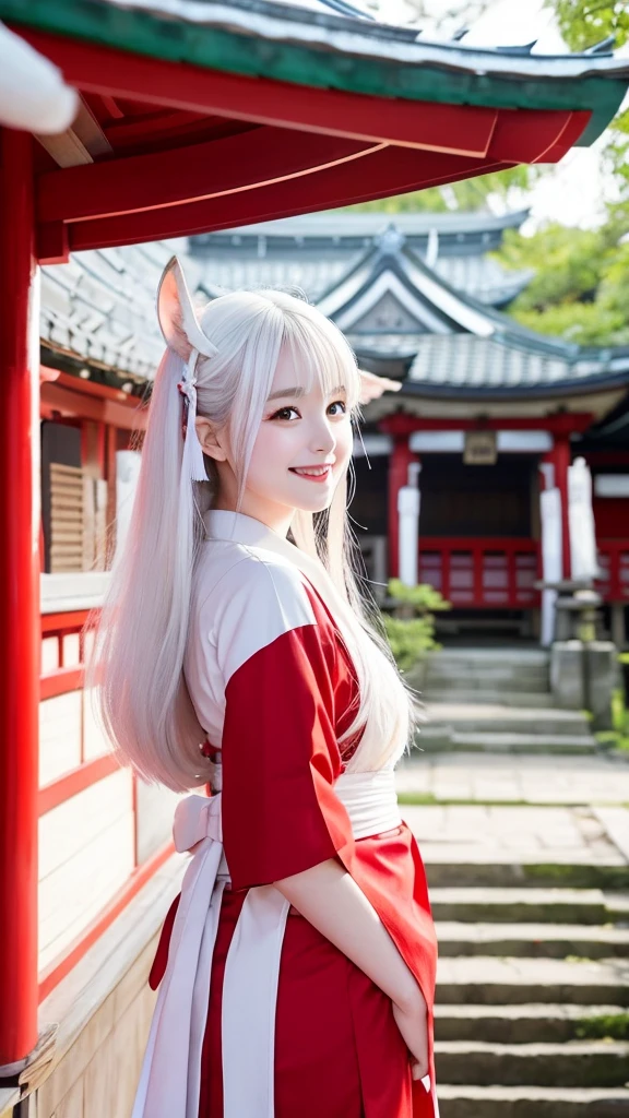 White fox beauty、Pale skin、tail、shrine、、Shrine maiden outfit、Look forward、The Big Picture、Red lines on face、cute、smile