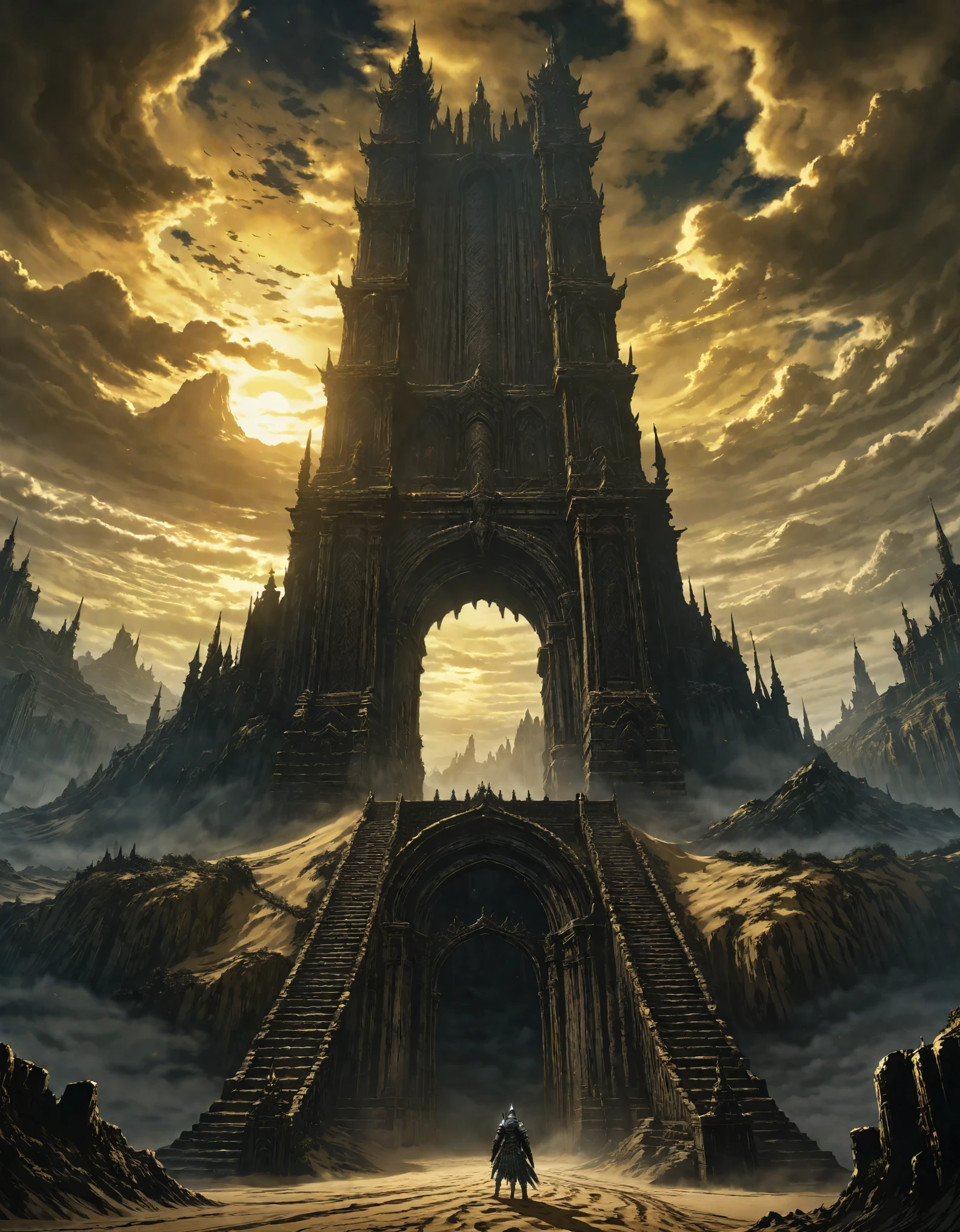  anime aestetics, anime scenery, grand finale, gigantic mountain of sand with passage in the center, godly gates, giganticstucture, portal to the world of gods, black and yellow skies, moment after the final battle, elden ring, elden ring scenery, elden ring style, fromsoftware, dark soul concept, from software game, dark souls art style dark souls art, dark souls style, dark souls screenshot, dark souls, from below, wide shot, perspective, atmospheric perspective, 4K, 8k, highres, best quality, super detail, award winning, masterpiece, UHD