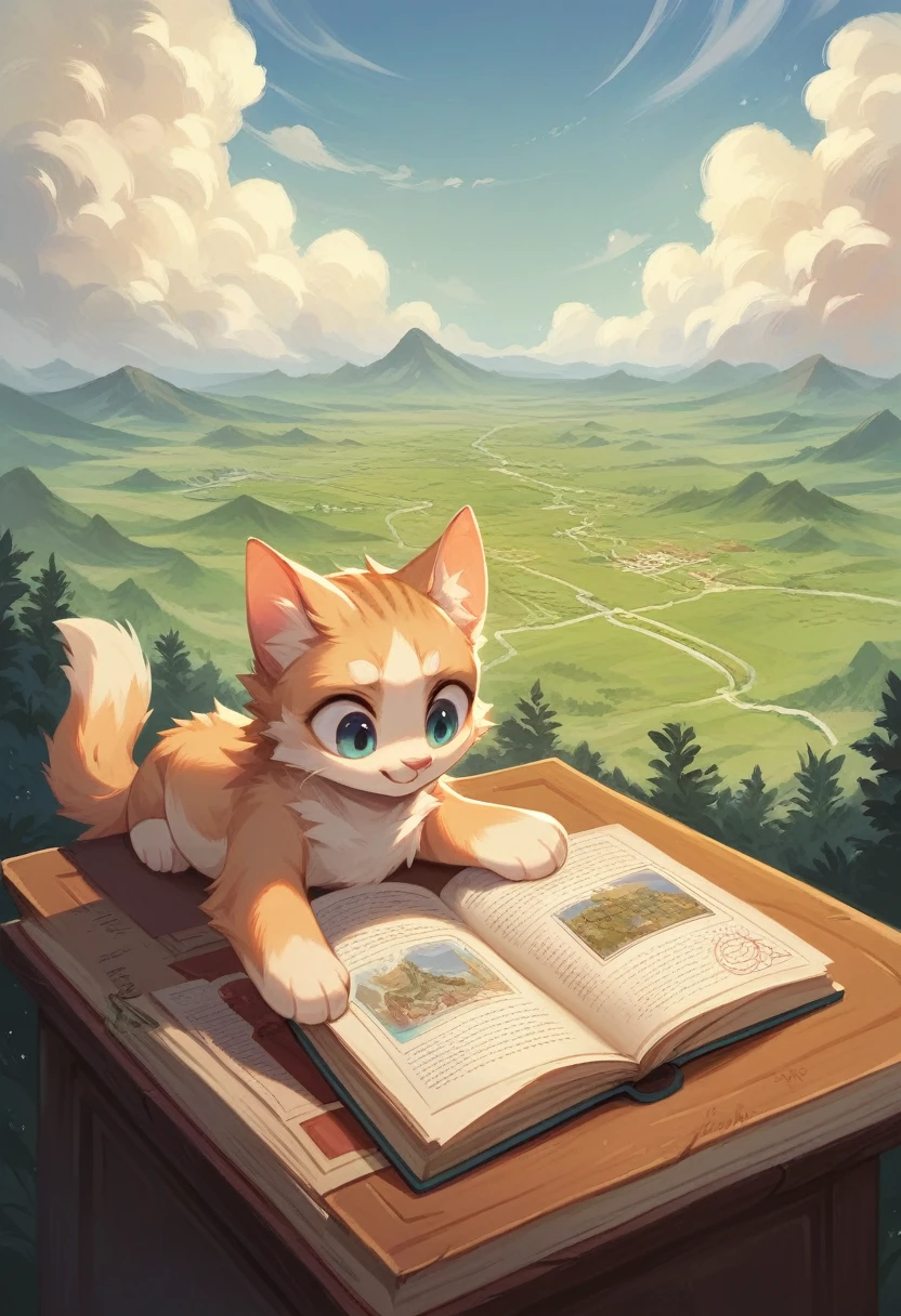 (Highest quality images, masterpiece), Detailed landscape, Cute as a cocoon、Friendly impression,Illustration of a fluffy cat reading a book