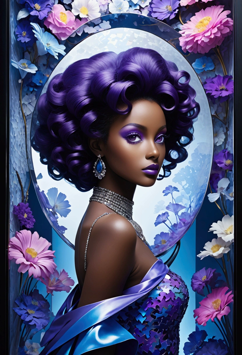 A wide-angle photo,Lillian Bassman Style, A beautiful black woman,With curly hair,Wearing colorful high fashion,Standing in a transparent glass museum,A puzzle filled with blue and purple pieces,The colors of the whole scene are blue and purple,Hyper-realistic images,32K,Ultra HD,illumination