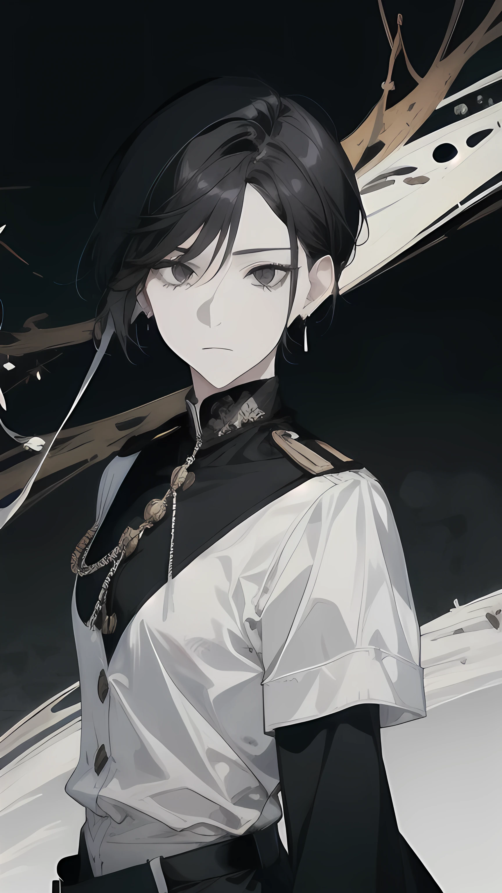 short hair, long black strand in front, officer suit, White hair, earrings, decorations, black eyes, musket, adult