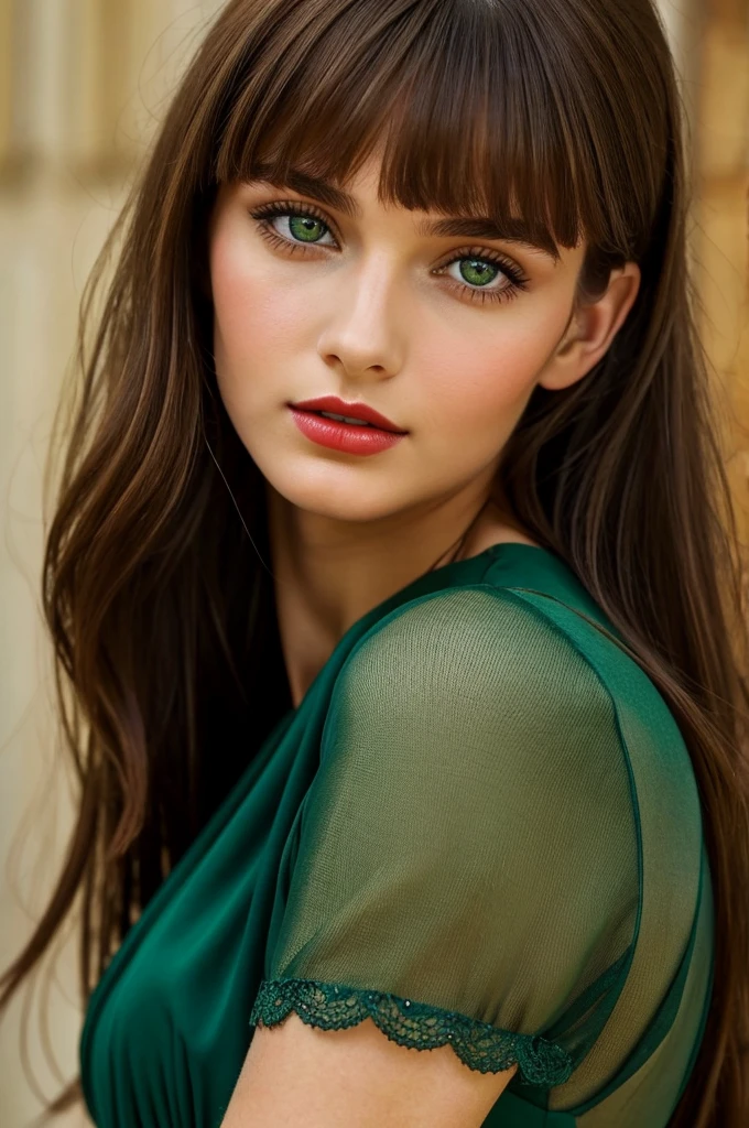 A beautiful 20 years old French girl with long brown hair with bangs, seagreen eyes, small nose, dark red lips and she is wearing a beautiful green dress and she is doing a modelling photoshoot.((best quality)), ((masterpiece)), (detailed), perfect face.