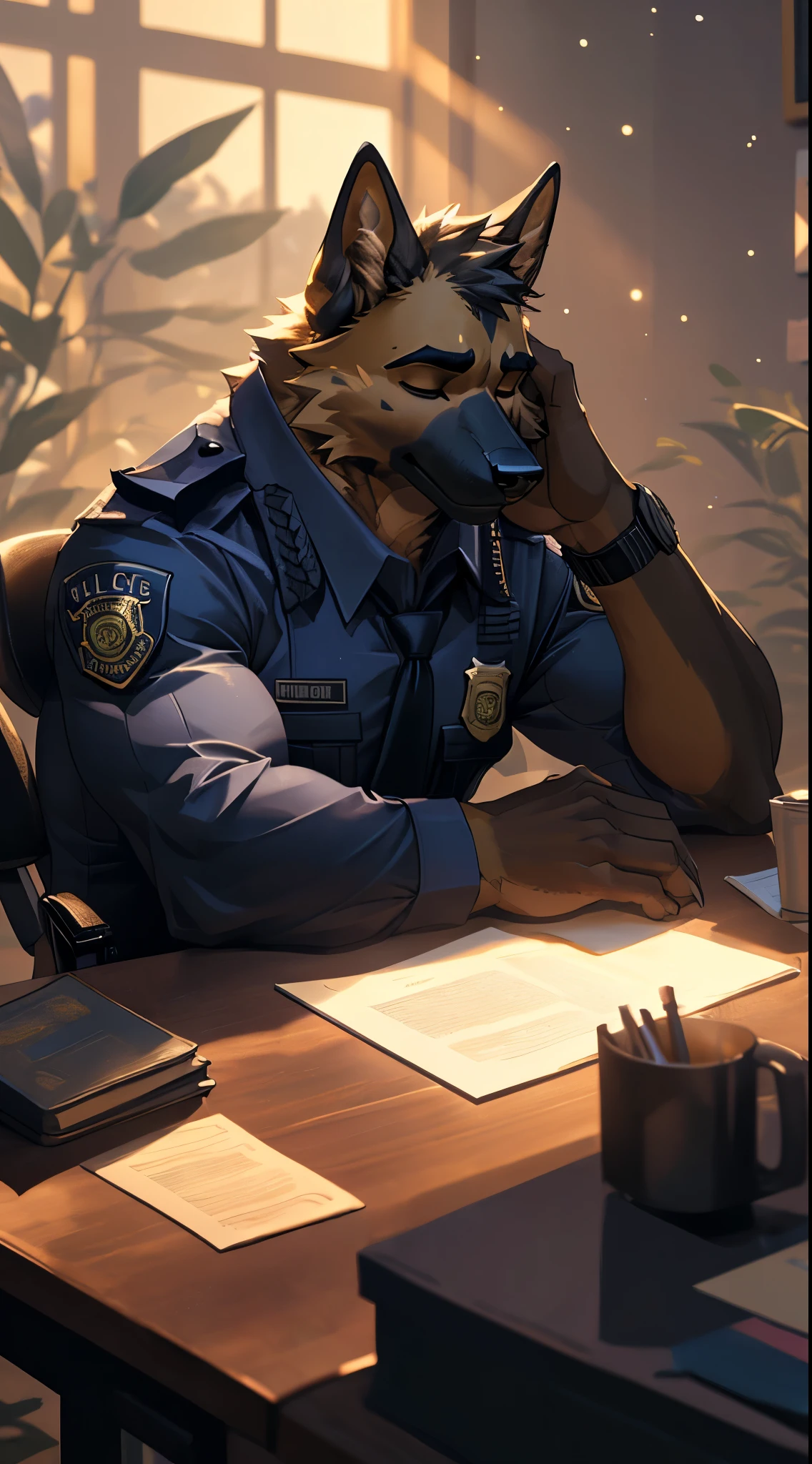 ((solo)), (((furry))), (anthro), (((german shepherd))), ((man)), ((adult)), ((muscular)), (muscles), (wide shoulders), (hairy), (((perfect eyes))), (((perfect anatomy))), (((perfect fingers))), ((claws on the fingers)), ((closed eyes)), (fluffy tail), ((sitting on a office chair)), ((police office)), ((police uniform)), ((sleeping on the table)), ((the head is lying on the table)), watches, vegetation, ((very beautiful lighting and shadows)), (very realistic lighting and shadows), ((cinematic lighting and shadows)), (cinematic), ((ultra detailed)), ((smallest particles)), ((best quality)), ((masterpiece)), depth of field, sharp focus, (blurred background)